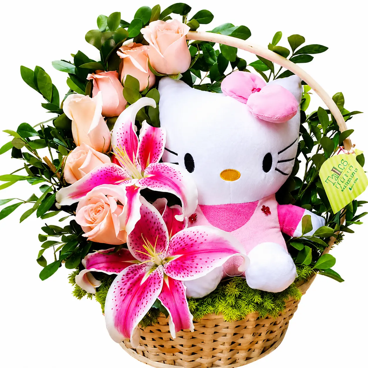 Arreglo floral para baby shower en Lima con rosas y lirios acompañado de peluche en canasta decorativa ideal para nacimiento de bebé en Lima
